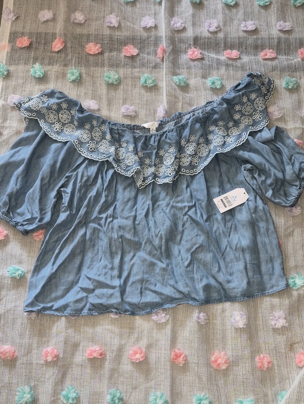 Time and Tru Light Blue Off-Shoulder Embroidered Top